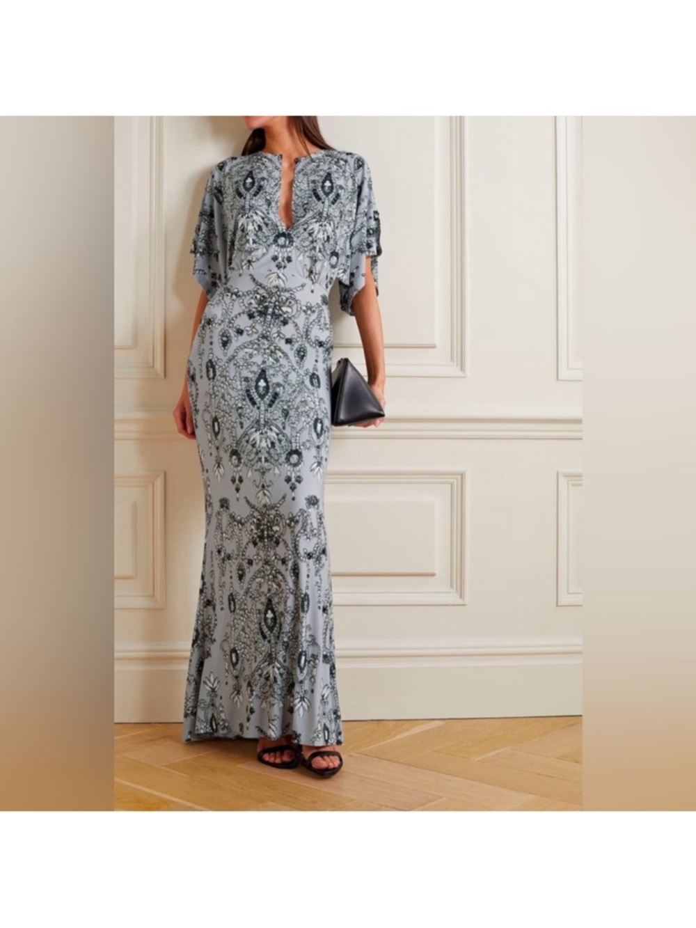 Norma Kamali Gray and Black Paisley-Print Maxi Dress